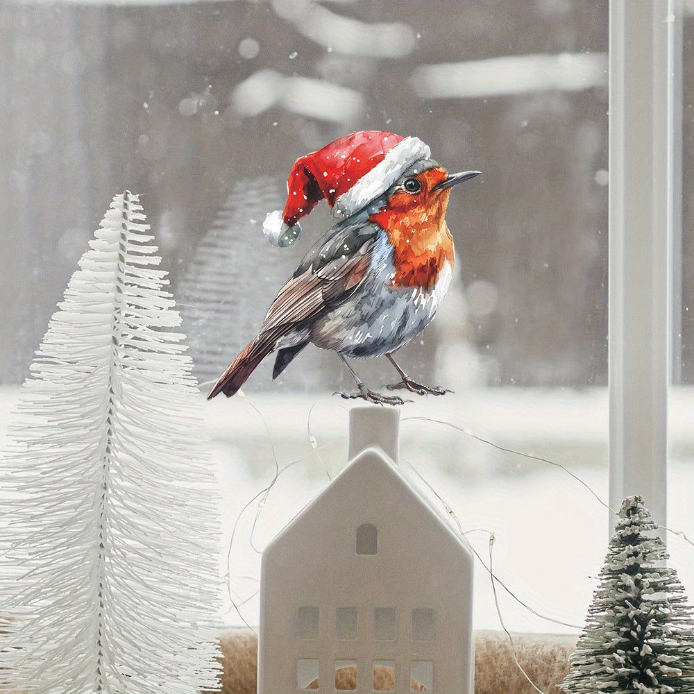 Holiday Home Decor Santa Hat Bird Window Cling, Made of Plastic Static Sticker, No Electricity Required, Feather-Free, Perfect for Bathroom Glass Decoration. Simple to Apply, Great for Christmas, Thanksgiving, New Year, Any Holiday Season.