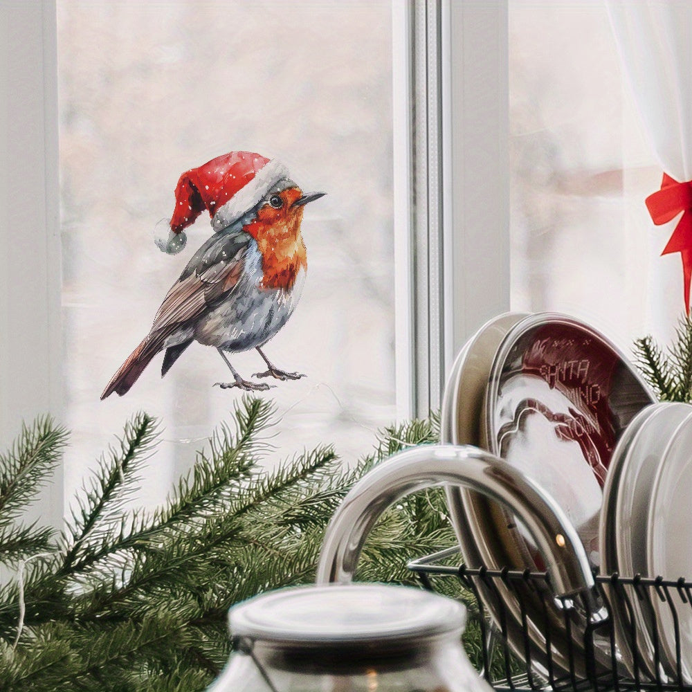 Holiday Home Decor Santa Hat Bird Window Cling, Made of Plastic Static Sticker, No Electricity Required, Feather-Free, Perfect for Bathroom Glass Decoration. Simple to Apply, Great for Christmas, Thanksgiving, New Year, Any Holiday Season.