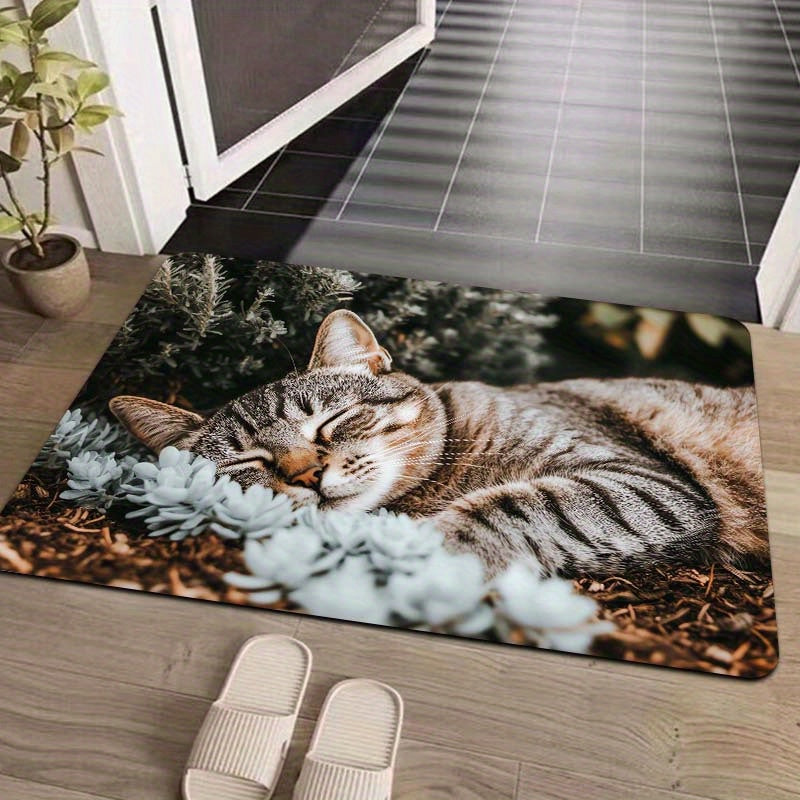 Indoor Cat Nap Design Doormat made of Machine Washable Polyester with Non-Slip PVC Backing - Perfect for Bathroom, Kitchen, Living Room, and Bedroom Decor