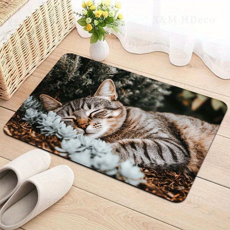 Indoor Cat Nap Design Doormat made of Machine Washable Polyester with Non-Slip PVC Backing - Perfect for Bathroom, Kitchen, Living Room, and Bedroom Decor