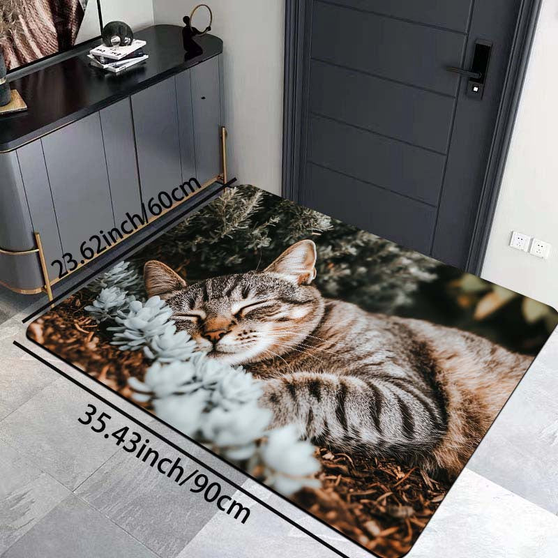 Indoor Cat Nap Design Doormat made of Machine Washable Polyester with Non-Slip PVC Backing - Perfect for Bathroom, Kitchen, Living Room, and Bedroom Decor