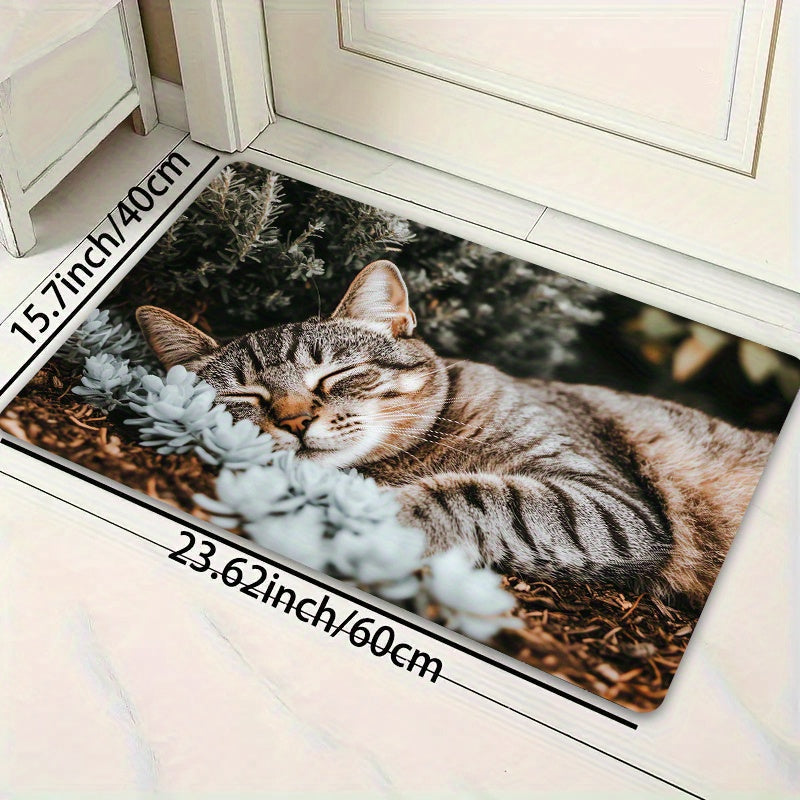 Indoor Cat Nap Design Doormat made of Machine Washable Polyester with Non-Slip PVC Backing - Perfect for Bathroom, Kitchen, Living Room, and Bedroom Decor