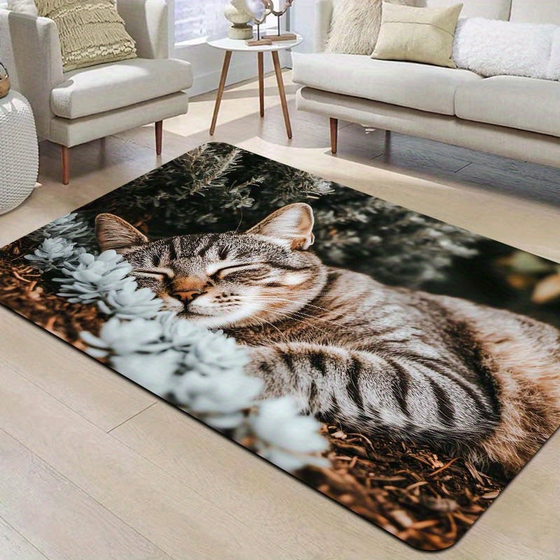 Indoor Cat Nap Design Doormat made of Machine Washable Polyester with Non-Slip PVC Backing - Perfect for Bathroom, Kitchen, Living Room, and Bedroom Decor