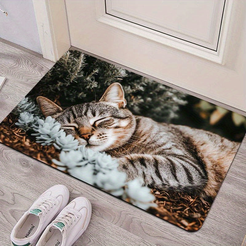 Indoor Cat Nap Design Doormat made of Machine Washable Polyester with Non-Slip PVC Backing - Perfect for Bathroom, Kitchen, Living Room, and Bedroom Decor