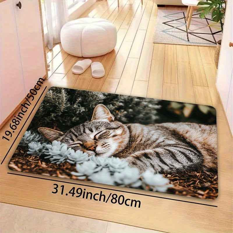 Indoor Cat Nap Design Doormat made of Machine Washable Polyester with Non-Slip PVC Backing - Perfect for Bathroom, Kitchen, Living Room, and Bedroom Decor