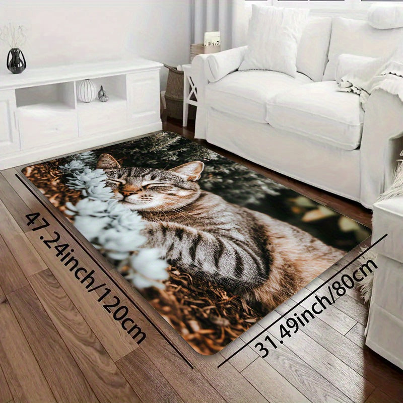 Indoor Cat Nap Design Doormat made of Machine Washable Polyester with Non-Slip PVC Backing - Perfect for Bathroom, Kitchen, Living Room, and Bedroom Decor