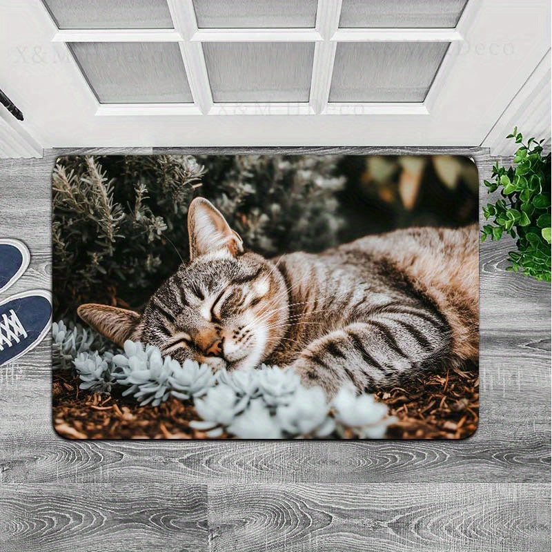 Indoor Cat Nap Design Doormat made of Machine Washable Polyester with Non-Slip PVC Backing - Perfect for Bathroom, Kitchen, Living Room, and Bedroom Decor