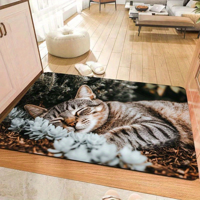 Indoor Cat Nap Design Doormat made of Machine Washable Polyester with Non-Slip PVC Backing - Perfect for Bathroom, Kitchen, Living Room, and Bedroom Decor