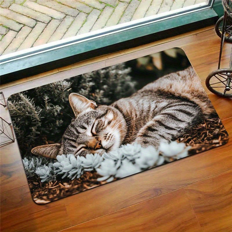 Indoor Cat Nap Design Doormat made of Machine Washable Polyester with Non-Slip PVC Backing - Perfect for Bathroom, Kitchen, Living Room, and Bedroom Decor