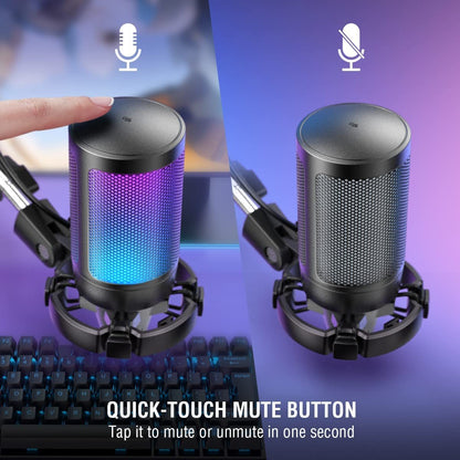 RGB 7-Color LED mic with headphone jack, mic gain function, USB-C, omni-directional for gaming, singing, karaoke, video conferencing, and streaming. USB powered, no battery needed.