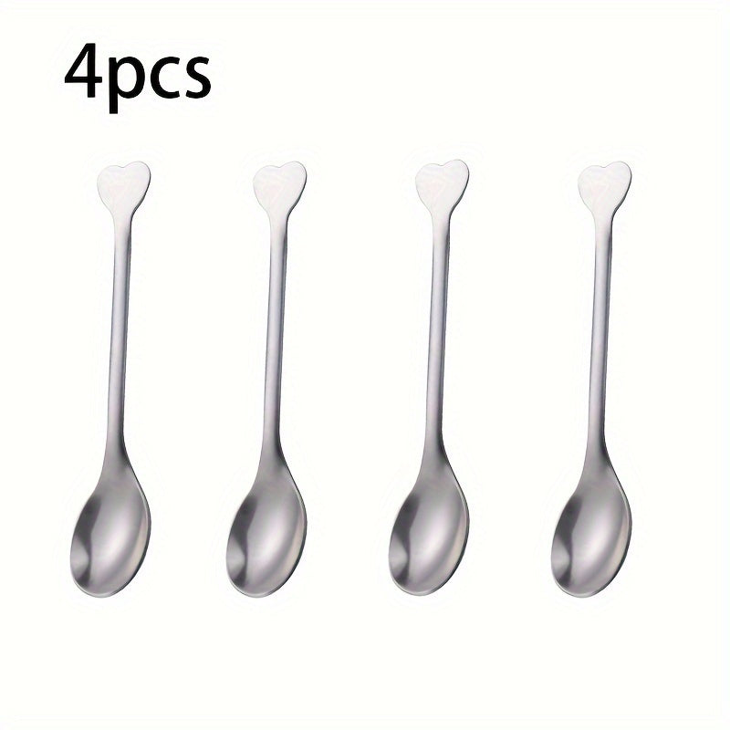 Set of 4 Heart-Shaped Handle Stainless Steel Spoons: Ideal for Coffee, Tea, Soup, and Beyond