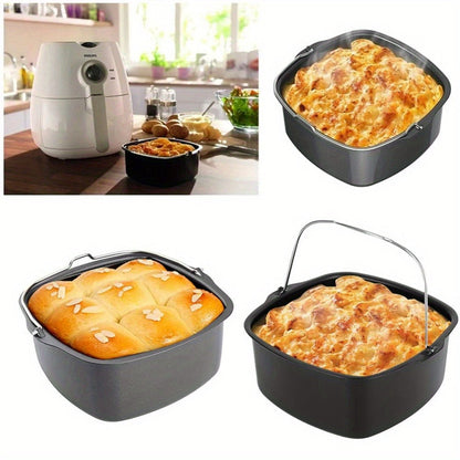 A 8-Inch Square Cake Baking Pan designed for use in an Air Fryer, this Non-Stick Bakeware Basket Accessory is ideal for dining and cooking scenarios. It is compatible with both oven and air fryer, making it perfect for cake molds. Comes in a set of 1.