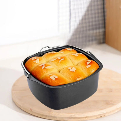 A 8-Inch Square Cake Baking Pan designed for use in an Air Fryer, this Non-Stick Bakeware Basket Accessory is ideal for dining and cooking scenarios. It is compatible with both oven and air fryer, making it perfect for cake molds. Comes in a set of 1.