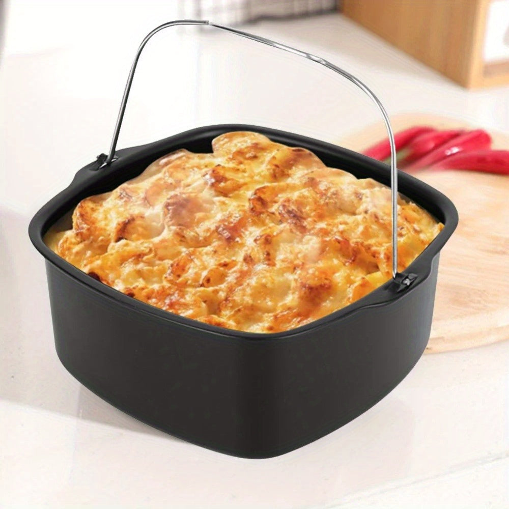 A 8-Inch Square Cake Baking Pan designed for use in an Air Fryer, this Non-Stick Bakeware Basket Accessory is ideal for dining and cooking scenarios. It is compatible with both oven and air fryer, making it perfect for cake molds. Comes in a set of 1.