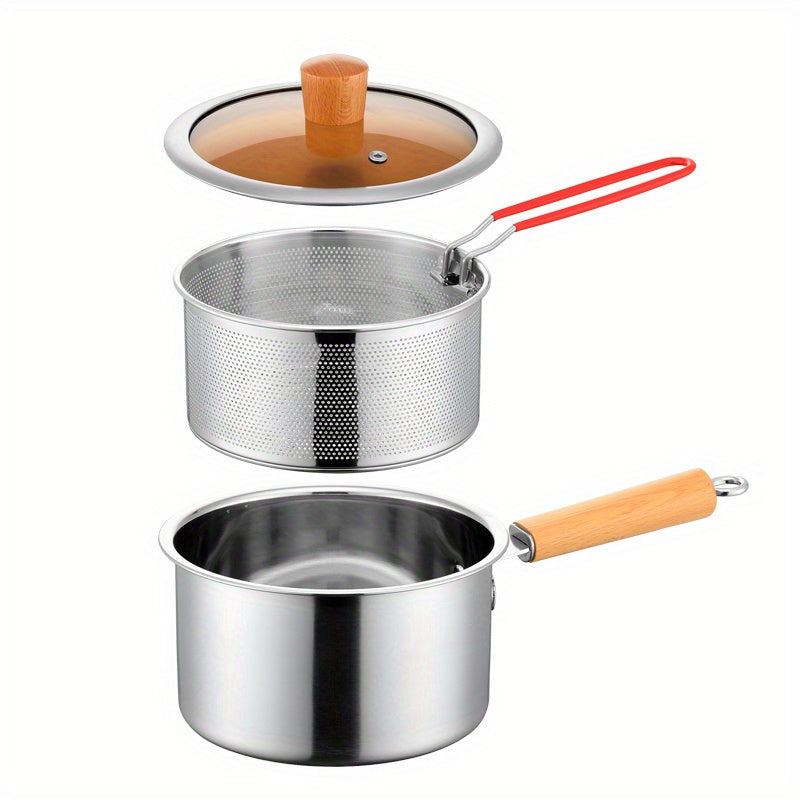 Stainless steel cookware set with frying basket, glass lid, and multiple cooking options like saucepan, deep fryer, noodle boiler, milk pan, and food steamer. Suitable for both induction