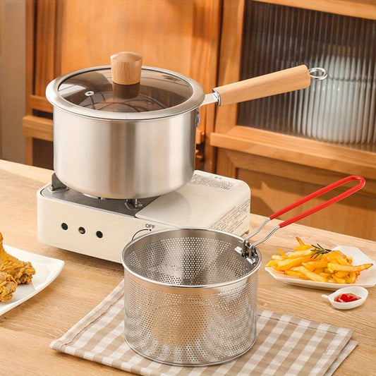 Stainless steel cookware set with frying basket, glass lid, and multiple cooking options like saucepan, deep fryer, noodle boiler, milk pan, and food steamer. Suitable for both induction