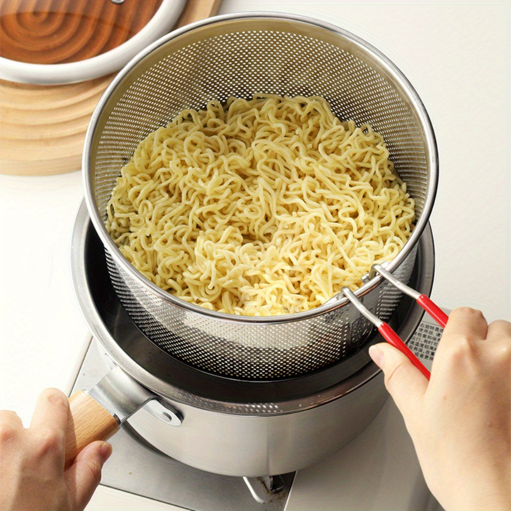 Stainless steel cookware set with frying basket, glass lid, and multiple cooking options like saucepan, deep fryer, noodle boiler, milk pan, and food steamer. Suitable for both induction