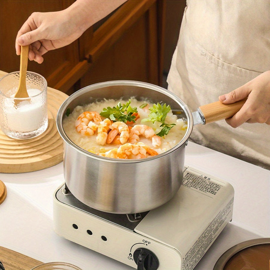 Stainless steel cookware set with frying basket, glass lid, and multiple cooking options like saucepan, deep fryer, noodle boiler, milk pan, and food steamer. Suitable for both induction