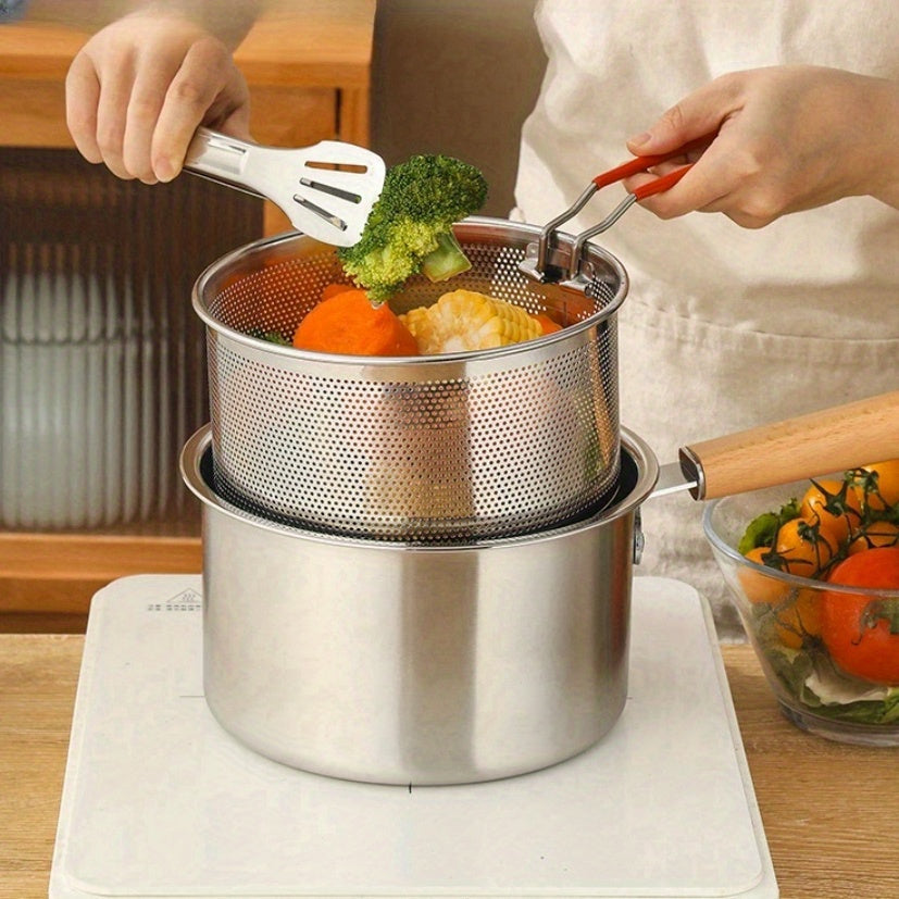 Stainless steel cookware set with frying basket, glass lid, and multiple cooking options like saucepan, deep fryer, noodle boiler, milk pan, and food steamer. Suitable for both induction