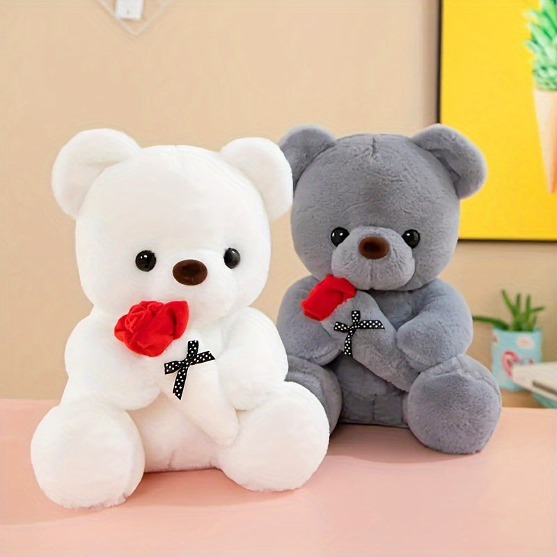 Charming Rose Bear Plush Toy - Ideal Gift for Valentine's Day & Birthday, Soft PVC Material, in Gray/White/Pink