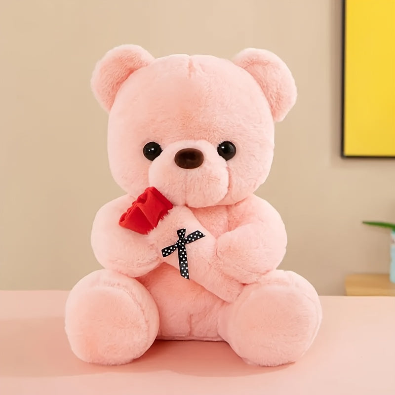 Charming Rose Bear Plush Toy - Ideal Gift for Valentine's Day & Birthday, Soft PVC Material, in Gray/White/Pink