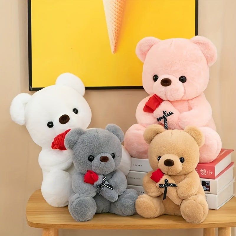 Charming Rose Bear Plush Toy - Ideal Gift for Valentine's Day & Birthday, Soft PVC Material, in Gray/White/Pink