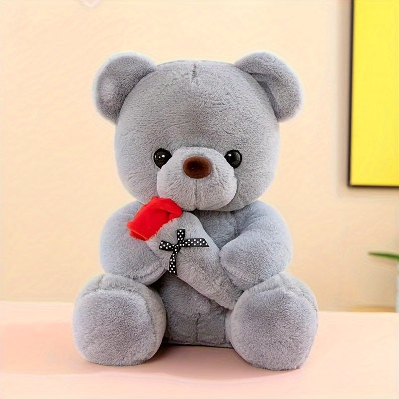 Charming Rose Bear Plush Toy - Ideal Gift for Valentine's Day & Birthday, Soft PVC Material, in Gray/White/Pink