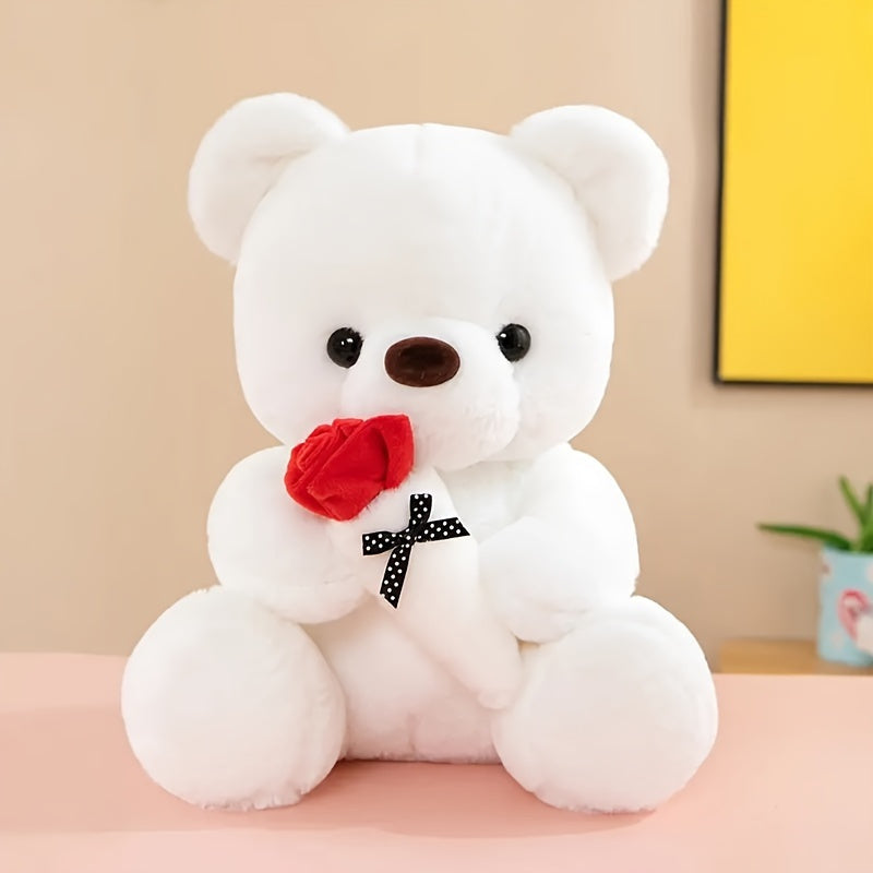 Charming Rose Bear Plush Toy - Ideal Gift for Valentine's Day & Birthday, Soft PVC Material, in Gray/White/Pink