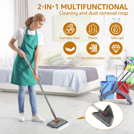 Multi-Surface Cleaner Tool for Home Living Room - 2-in-1 Wall and Floor Cleaning Mop with Long Handle, Triangle & Rectangle Heads, 360° Rotatable, Reusable Pads for Walls, Ceilings, Baseboards