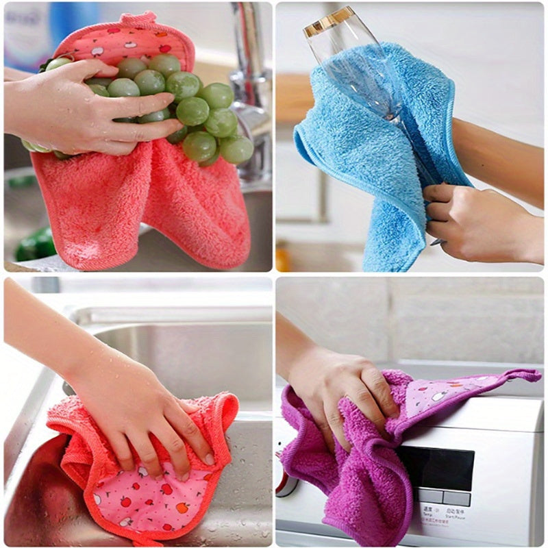 Coral fleece fingertip towel for wiping hands, dishwashing, and bathroom use.