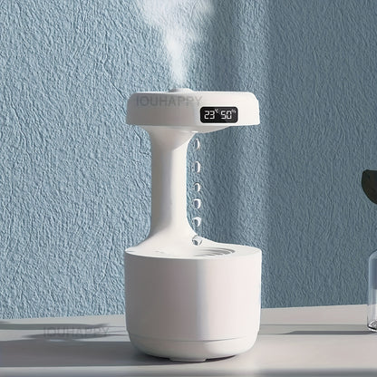 Sleek white anti-gravity humidifier with clock, night light, and USB power ideal for improving air quality and mood in the living room.