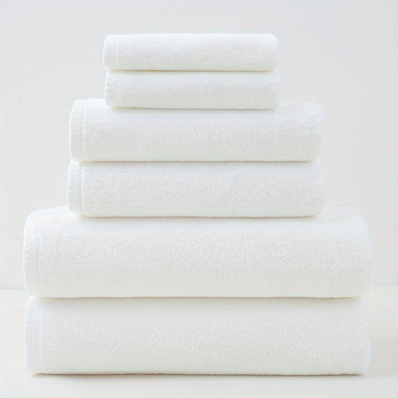 High-quality 6-piece cotton towel set, 400 GSM, includes 2 bath towels, 2 hand towels, and 2 washcloths for soft, absorbent, and durable use at home, hotels, or sports activities.