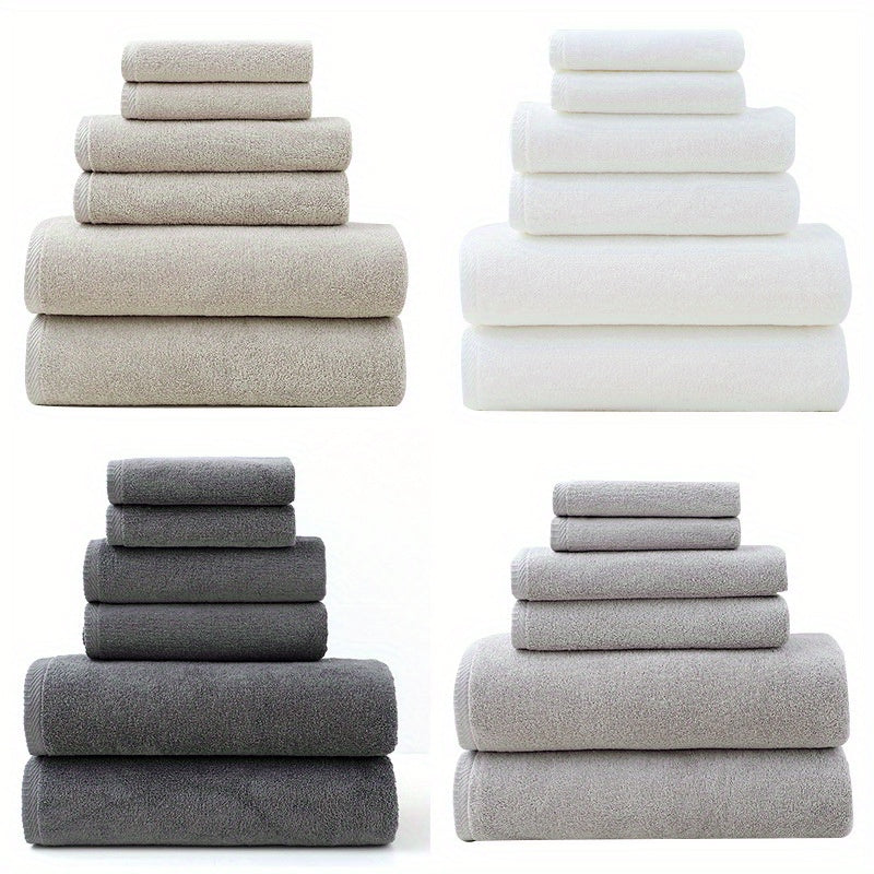 High-quality 6-piece cotton towel set, 400 GSM, includes 2 bath towels, 2 hand towels, and 2 washcloths for soft, absorbent, and durable use at home, hotels, or sports activities.