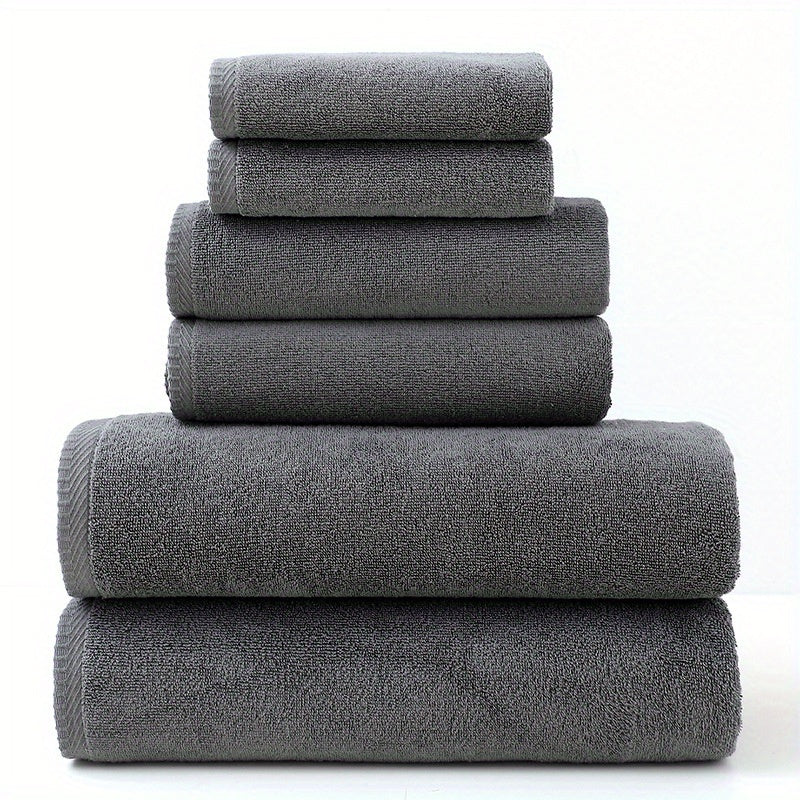 High-quality 6-piece cotton towel set, 400 GSM, includes 2 bath towels, 2 hand towels, and 2 washcloths for soft, absorbent, and durable use at home, hotels, or sports activities.