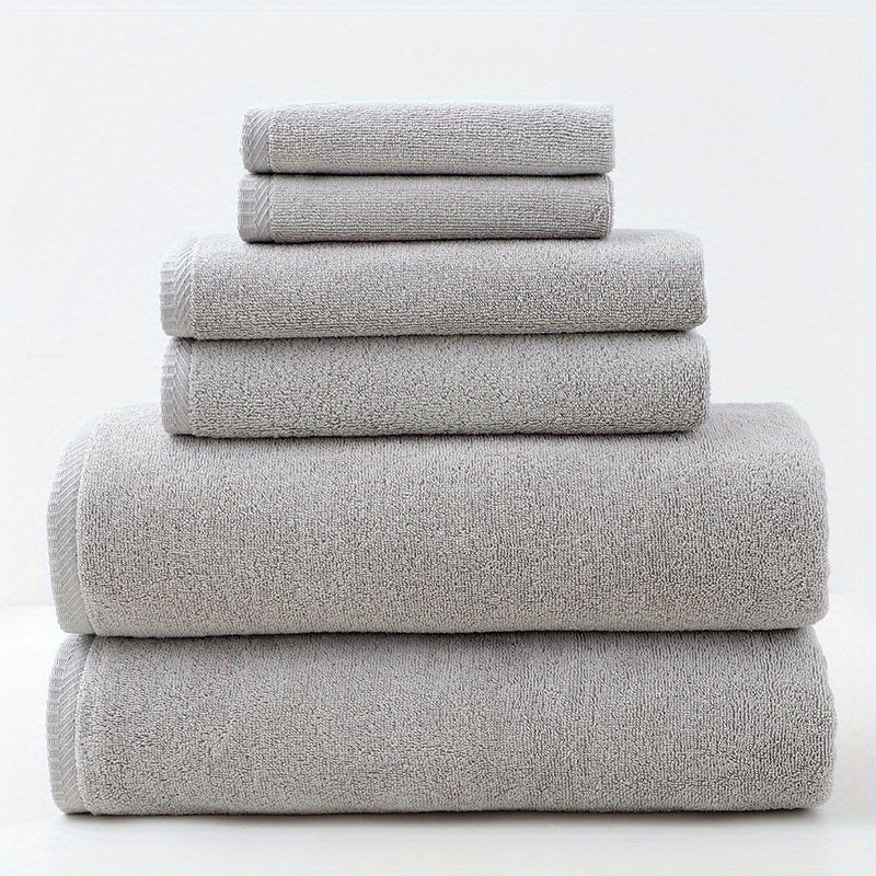 High-quality 6-piece cotton towel set, 400 GSM, includes 2 bath towels, 2 hand towels, and 2 washcloths for soft, absorbent, and durable use at home, hotels, or sports activities.