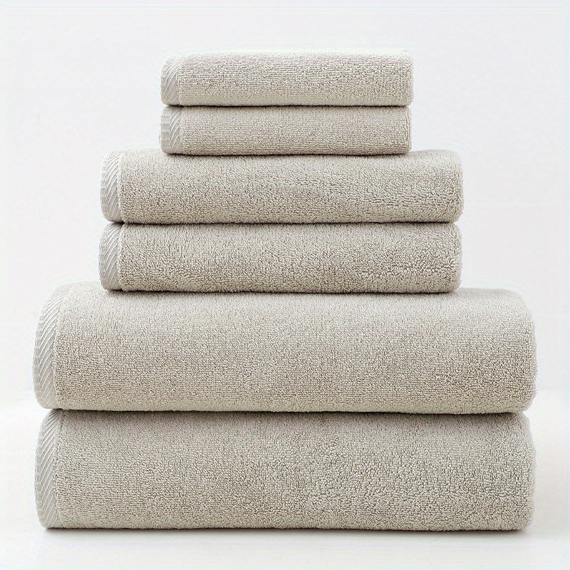 High-quality 6-piece cotton towel set, 400 GSM, includes 2 bath towels, 2 hand towels, and 2 washcloths for soft, absorbent, and durable use at home, hotels, or sports activities.