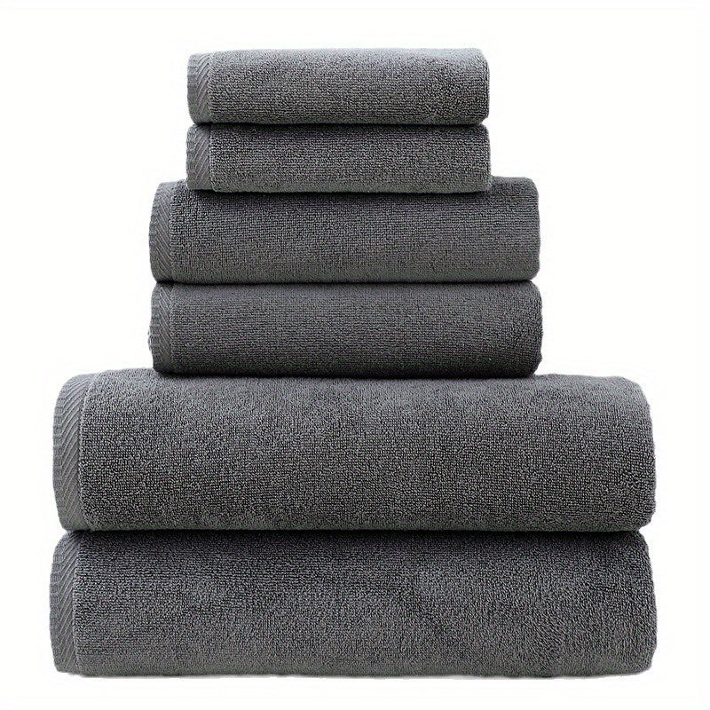 High-quality 6-piece cotton towel set, 400 GSM, includes 2 bath towels, 2 hand towels, and 2 washcloths for soft, absorbent, and durable use at home, hotels, or sports activities.