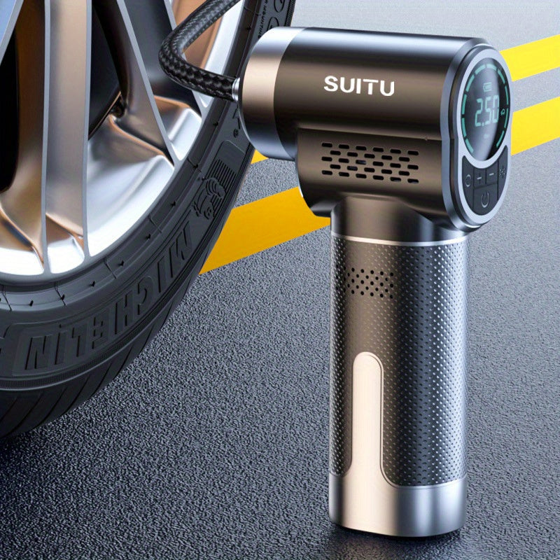 Wireless tire inflator with digital display, USB rechargeable lithium battery, for electric car tires.