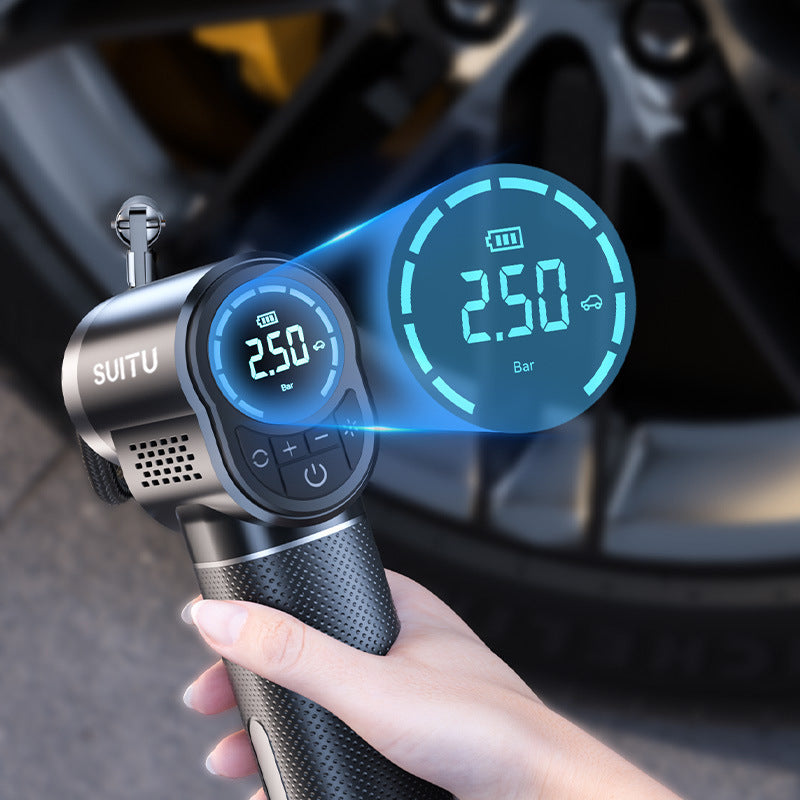 Wireless tire inflator with digital display, USB rechargeable lithium battery, for electric car tires.