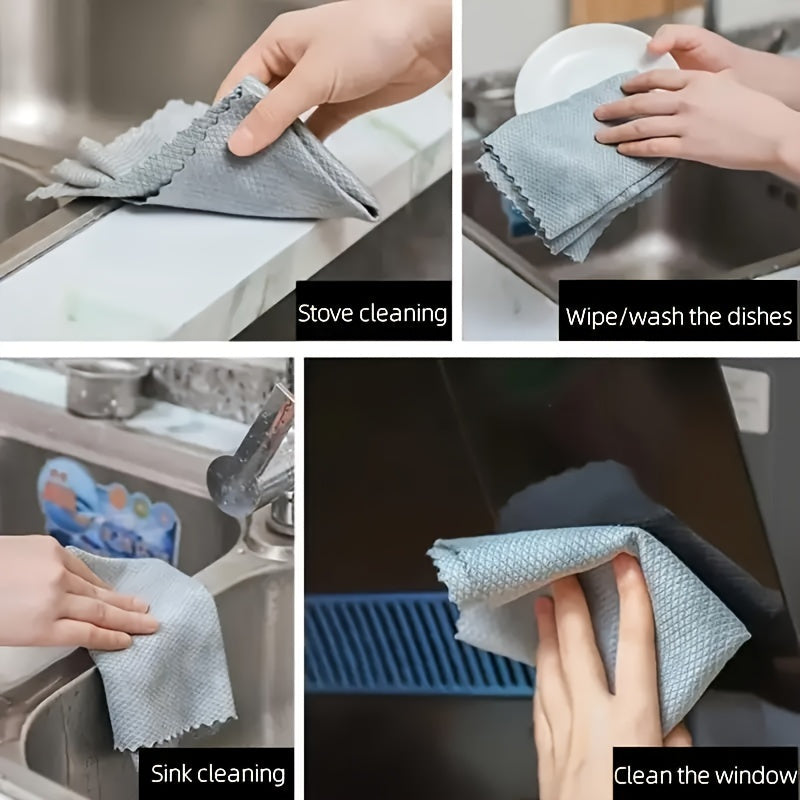 A 10-pack of durable fish scale cloths made from woven polyester, perfect for a variety of cleaning tasks. These versatile towels can be reused and used as scrubbing pads for surfaces in the kitchen, living room, car, and on glass.