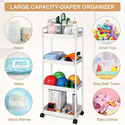 4-Tier Rolling Cart with Drawers - Durable Plastic, Swivel Wheels - Ideal for Storage in Kitchen, Bathroom, Living Room & Office