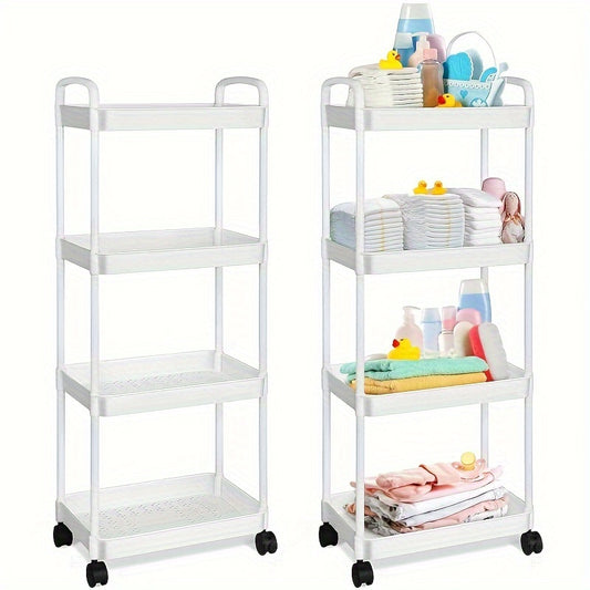 4-Tier Rolling Cart with Drawers - Durable Plastic, Swivel Wheels - Ideal for Storage in Kitchen, Bathroom, Living Room & Office