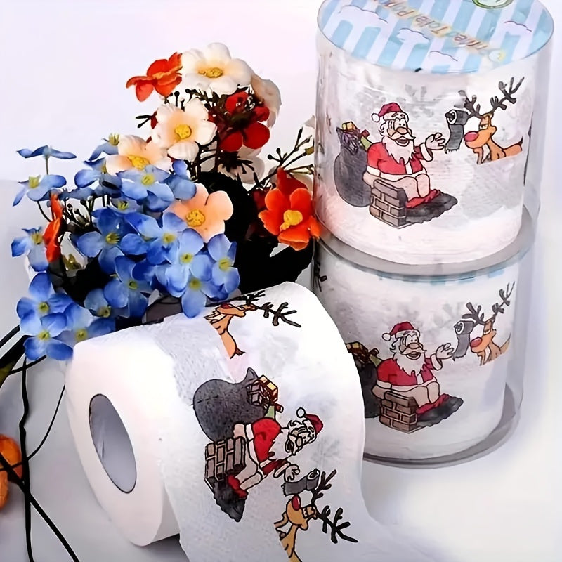 [Top Seller] Fun Santa & Reindeer Design Toilet Paper Roll - 10.01cm x 10.01cm, Ideal for Holiday Home Decor, Party Decorations, Eco-Friendly, Festive Facial Tissues