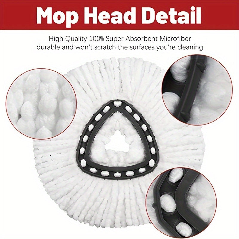 Four pieces of microfiber spin mop heads designed for dual-action wet and dry cleaning. These machine washable heads come with an easy wring system, making them perfect for home cleaning tools. They are compatible with most spin mops.