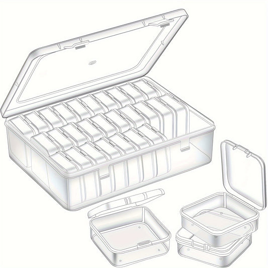 Clear plastic storage set for jewelry, crafts, and small items includes 30 small boxes in a large box. Ideal for DIY crafts, beading, and jewelry making on the go. Available in packs of 20