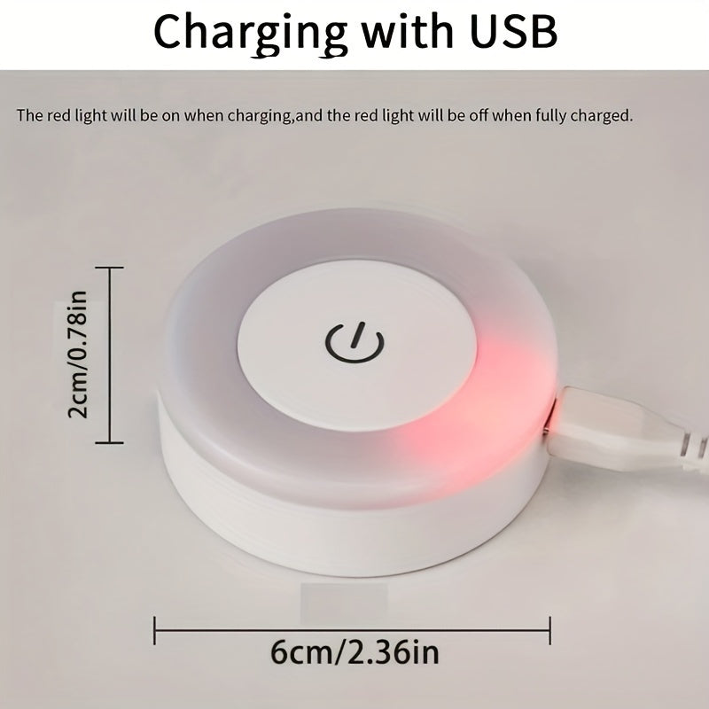 Mini LED touch sensor night light with USB rechargeable battery and magnetic base for versatile placement in any room. Can be dimmed for customizable brightness in bedrooms, kitchens