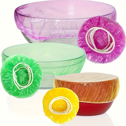 100 reusable stretchy food covers made from translucent plastic, perfect for covering bowls and plates in kitchens and restaurants.