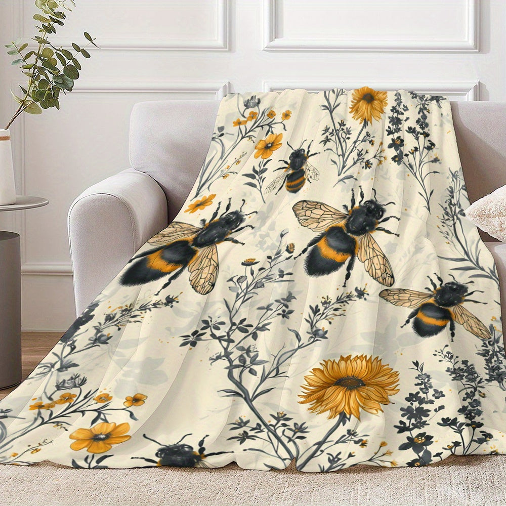 Wildflower and Bee-Inspired Flannel Throw Blanket - Made with 100% Polyester Knitted Quilted Fabric and Digital Print - Versatile Bedding for Year-Round Comfort, Great for Napping, Camping, and Travel - Wonderful Gift for Loved Ones