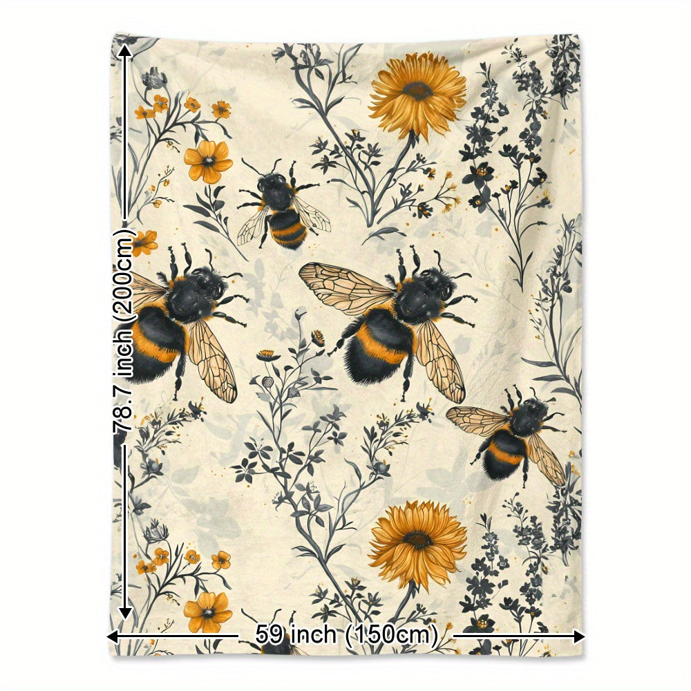 Wildflower and Bee-Inspired Flannel Throw Blanket - Made with 100% Polyester Knitted Quilted Fabric and Digital Print - Versatile Bedding for Year-Round Comfort, Great for Napping, Camping, and Travel - Wonderful Gift for Loved Ones