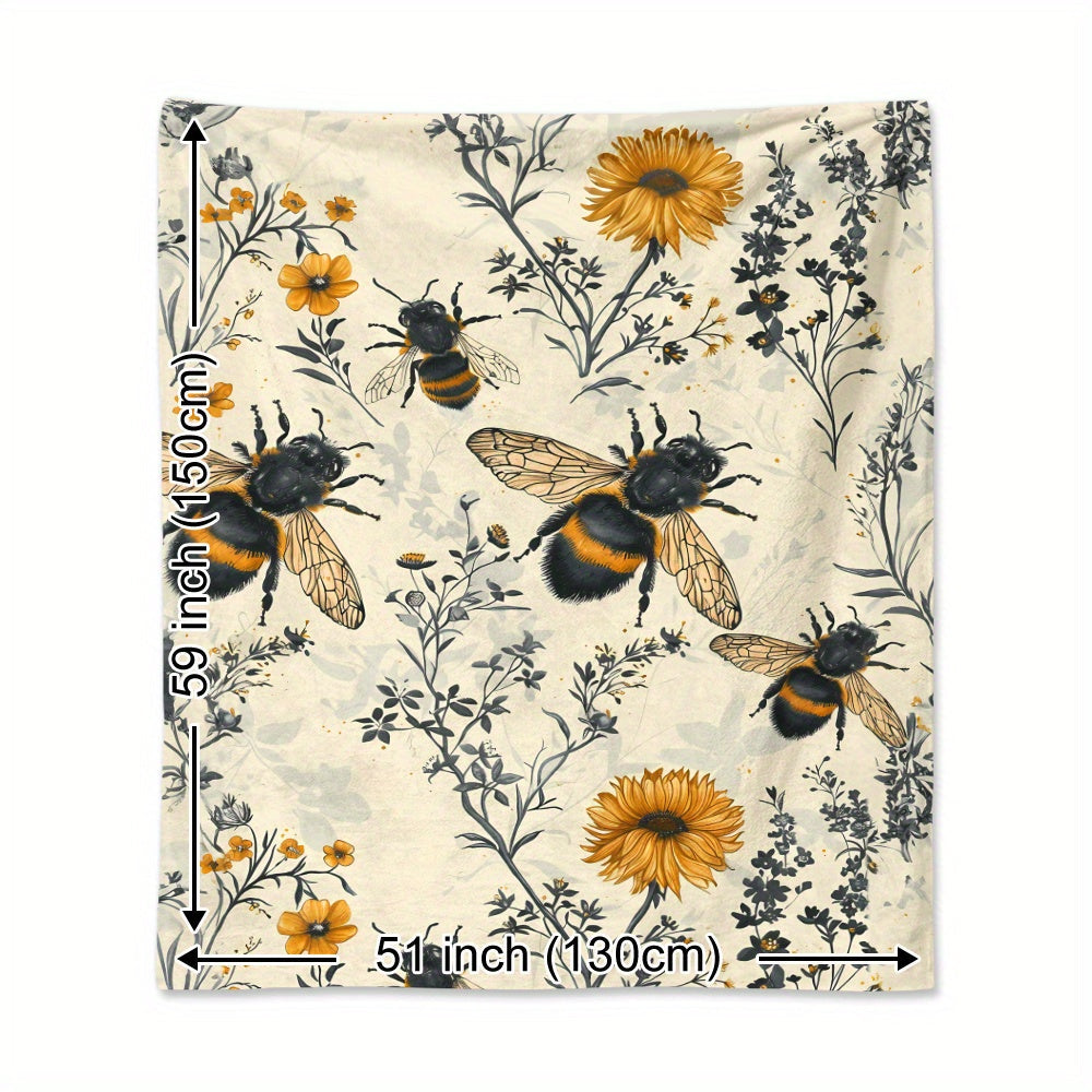 Wildflower and Bee-Inspired Flannel Throw Blanket - Made with 100% Polyester Knitted Quilted Fabric and Digital Print - Versatile Bedding for Year-Round Comfort, Great for Napping, Camping, and Travel - Wonderful Gift for Loved Ones